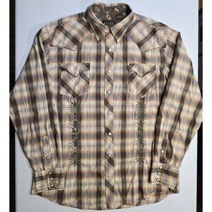 Roper Pearl Snap Shirt Plaid Embroidered Stitching Western Cowboy Rodeo Men's XL